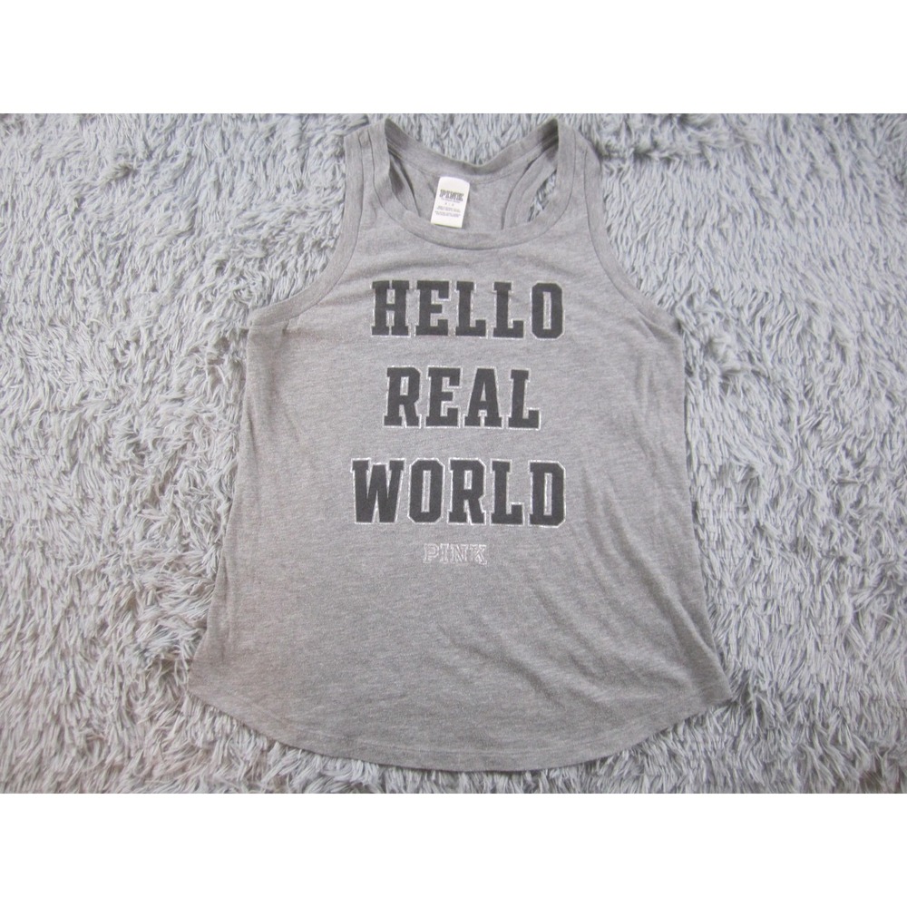 Victoria's Secret Pink Shirt Womens Small Gray Tank Top Hello Real World Graphic